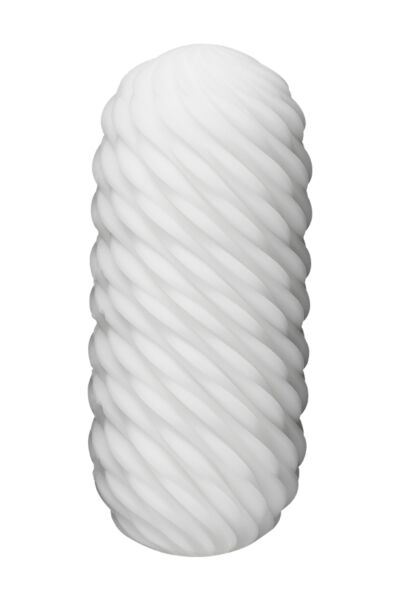 Masturbateur TENGA 3Dx FLOW avec reliefs en ondes, à côté de son support de séchage