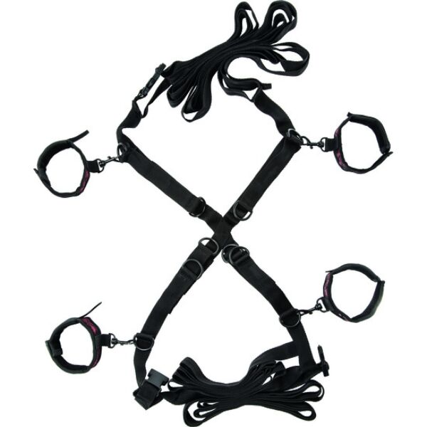 Kit de bondage CalExotics Scandal Over the Bed Cross avec ses sangles et ses menottes en peluche