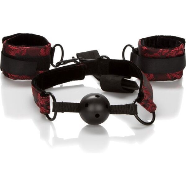Bâillon boule avec menottes CalExotics Scandal Breathable Ball Gag with Cuffs, noir avec tissu rouge