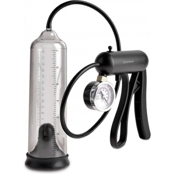 Pompe à pénis Pump Worx Pro-Gauge de Pipedream, avec cylindre transparent, tuyau et poignée avec manomètre