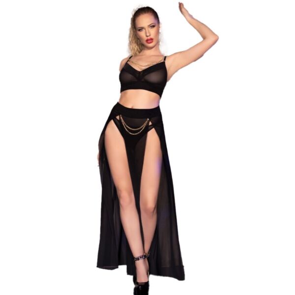Ensemble de lingerie Chilirose CR 4672 noir, avec top, jupe et string à chaînes dorées