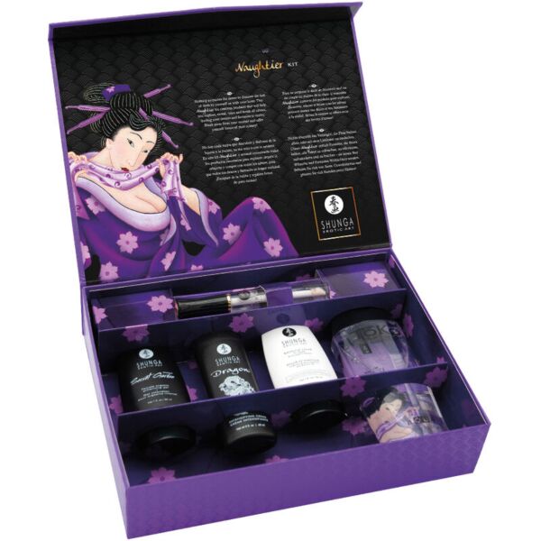 Shunga Naughtier Kit avec ses cinq cosmétiques intimes et son coffret cadeau