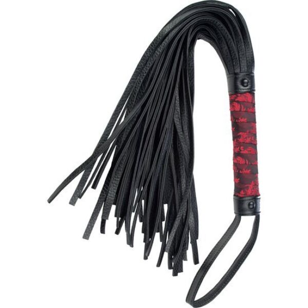 Flogger CalExotics Scandal avec manche en tissu rouge et noir et lanières noires
