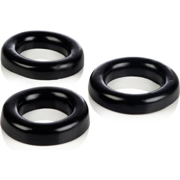 Les trois anneaux noirs du set CalExotics COLT 3 Ring Set, en trois tailles