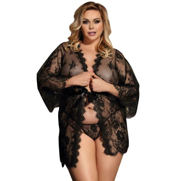 Peignoir de lingerie noir Subblime Queen Plus en dentelle florale transparente et à manches évasées