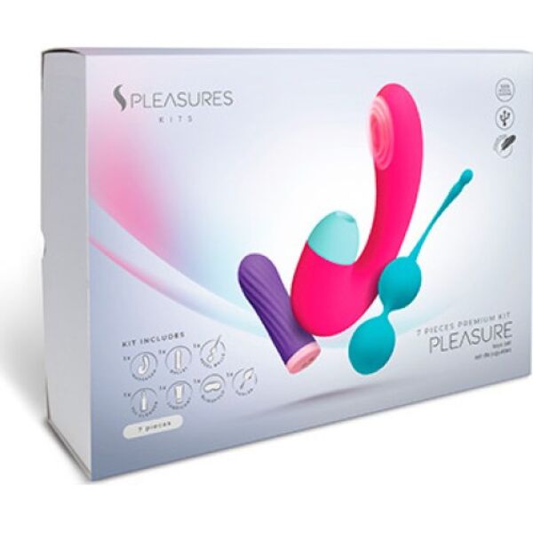 Coffret S Pleasures Pleasure Kit avec mini-vibromasseur, double stimulateur, boules de Kegel, lubrifiant, nettoyant, plume et masque
