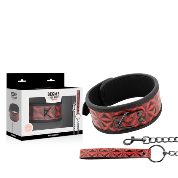 Collier BDSM Begme Red Edition en cuir végan avec chaîne en métal, anneau de cou et laisse