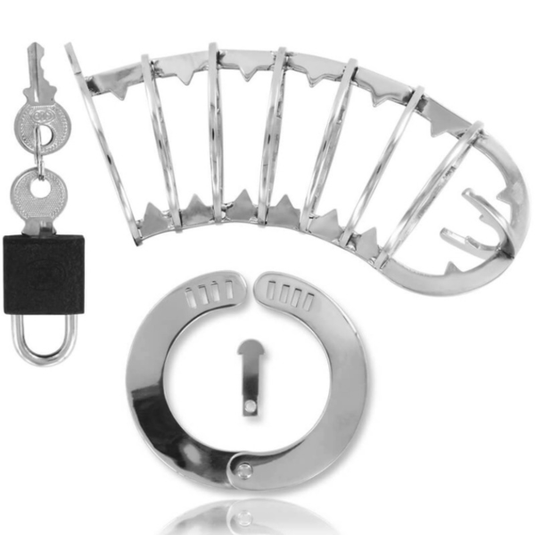 Cage de chasteté Metal Hard 14 cm à sept anneaux, avec son anneau et son cadenas