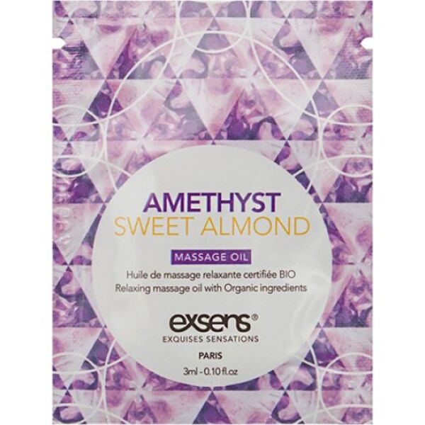 Huile de massage Exsens Amethyst Sweet Almond 3 ml, flacon unidose contenant des pierres d'améthyste