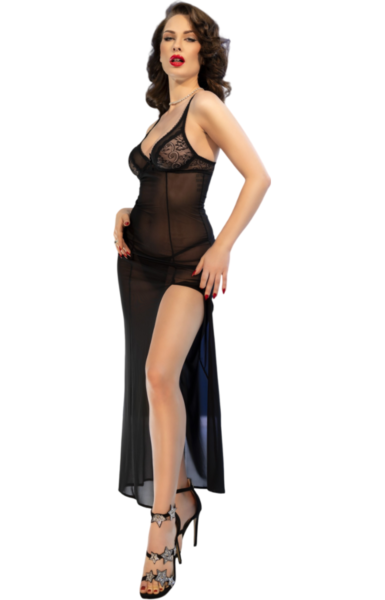 Nuisette longue en dentelle noire Chilirose CR 4723 avec son string assorti