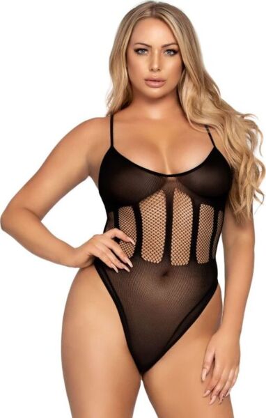 Ensemble Leg Avenue Flawless Bodysuit & Skirt en noir : body opaque avec résille à la taille et jupe tube en résille