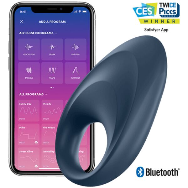 Anneau pénien vibrant Satisfyer Mighty One Connect App de couleur bleue