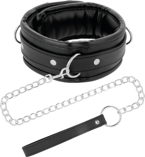 Collier de posture Darkness avec sa laisse chaîne accrochée à l'anneau en D