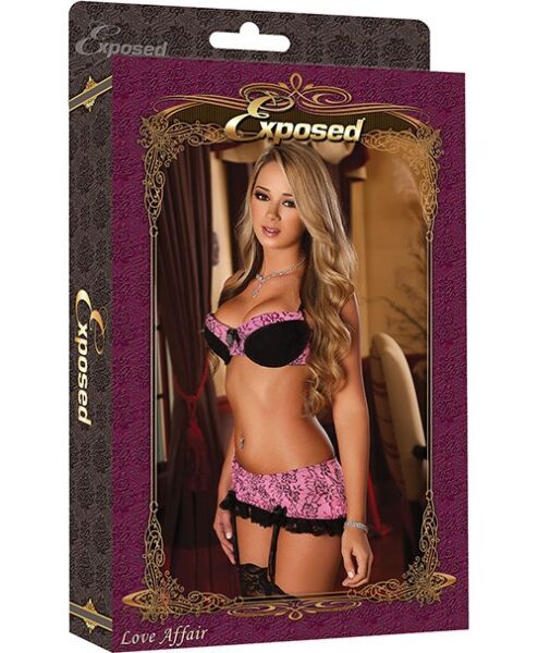 Ensemble de lingerie Exposed Bra & Skirt Set Pink, avec soutien-gorge, string et jupette porte-jarretelles rose à fleurs avec dentelle noire