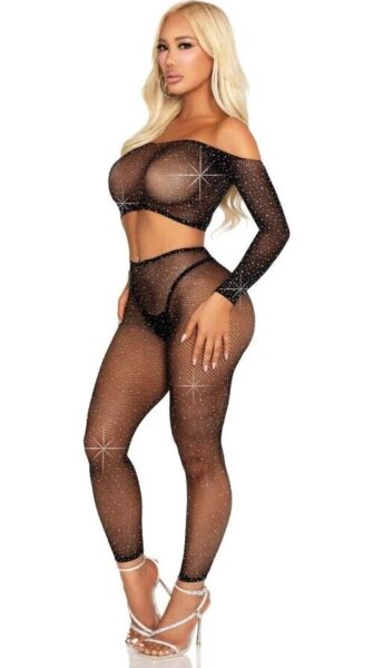 Ensemble Leg Avenue Captivating Crush noir, top court et legging en résille à strass