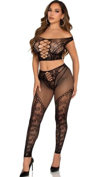 Ensemble Leg Avenue Love Me Tonight noir : crop top à épaules dénudées et legging en dentelle et résille