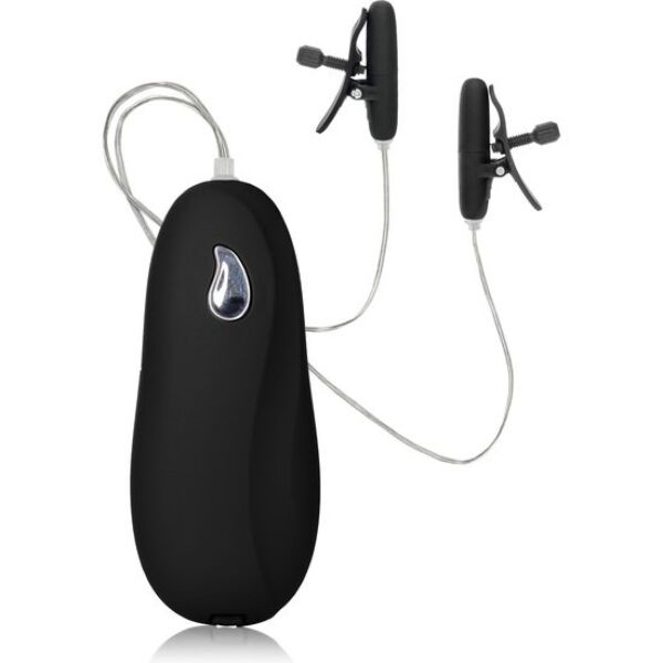 Pinces à tétons noires Nipple Play Heated Teasers Black de CalExotics, avec vis de réglage et télécommande