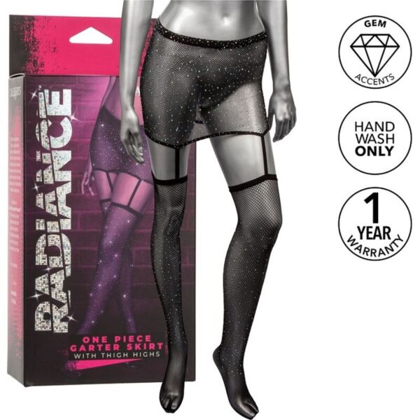 Bas avec porte-jarretelles CalExotics Radiance Garter One-Piece, mini-jupe avec jarretelles et bas cuissardes en une pièce