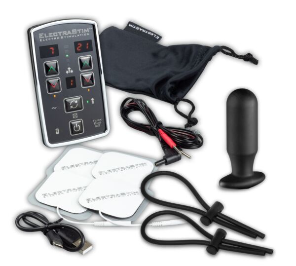 Kit ElectraStim Flick Duo EM80-M avec l'électrostimulateur, l'électrode Silicone Noir Aura, les anneaux ElectraLoops et les électrodes adhésives