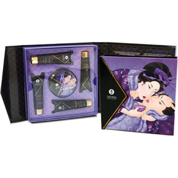 Coffret Shunga Geisha's Secret Exotic Fruits avec ses cinq produits en format mini et son écrin
