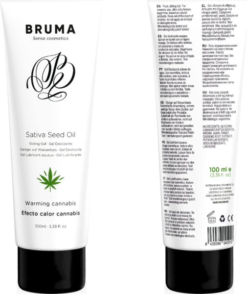 Gel glissant Bruma Cannabis, saveur cannabis et effet chaleur, en formats de 6 ml et de 100 ml