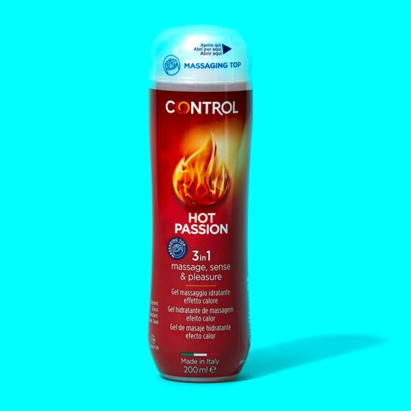 Flacon de 200 ml du gel de massage Control Hot Passion avec son bouchon à 5 billes
