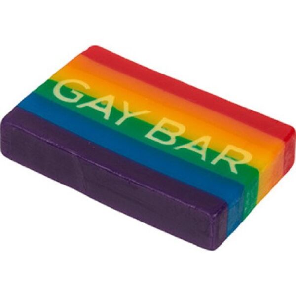 Savon Out Of The Blue Gay Bar aux couleurs de l'arc-en-ciel avec « GAY BAR » écrit sur la face