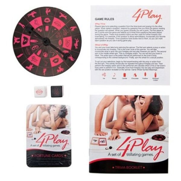 Coffret de jeux érotiques Kheper Games 4Play, avec sa boîte, ses cartes, ses dés et sa roulette