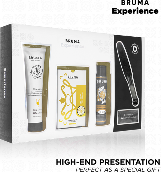 Kit érotique Bruma Xperience Sweet Temptation avec vibromasseur liquide, lubrifiant, huile, plume et bandeau