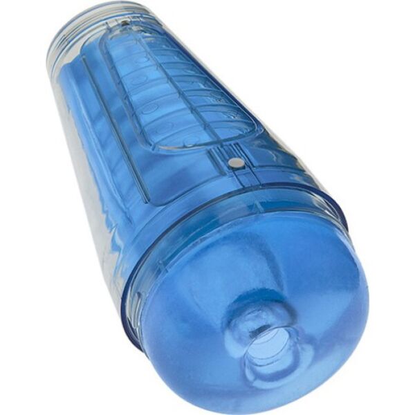 Masturbateur Main Squeeze Optix Blue de Doc Johnson, avec son boîtier rigide bleu translucide