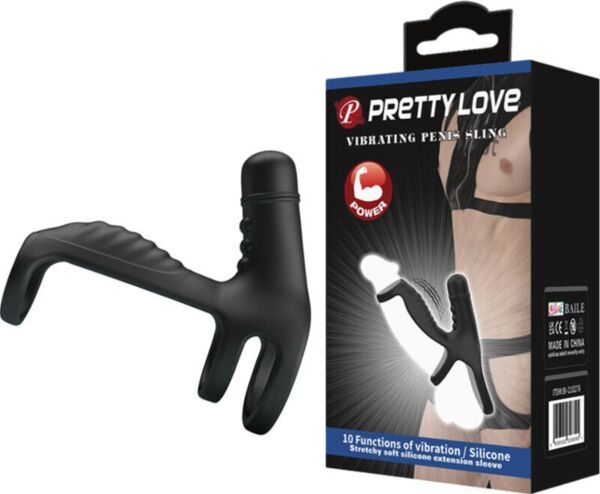 Manchon extensible noir Pretty Love Vibrating Penis Sling avec base en anneau et reliefs