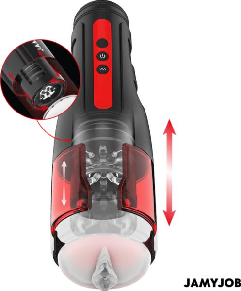 Masturbateur automatique Jamyjob Cyclone, noir avec détails rouges et entrée en forme de bouche