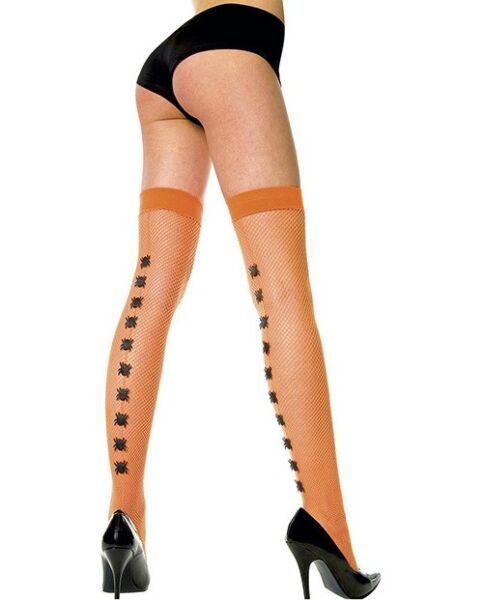 Bas résille orange Music Legs avec appliqués d'araignées à l'arrière de la jambe