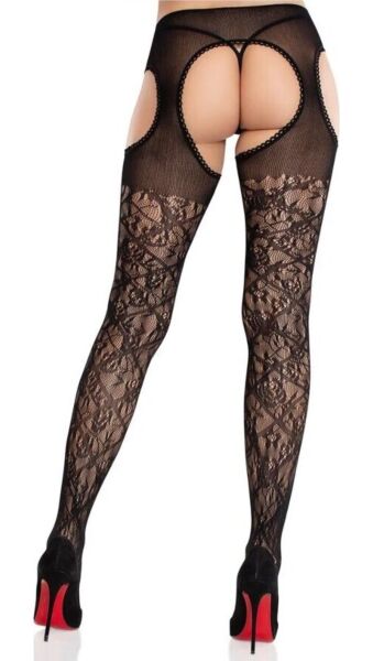 Bas jarretelles Leg Avenue Amaya avec porte-jarretelles intégré, en dentelle florale noire