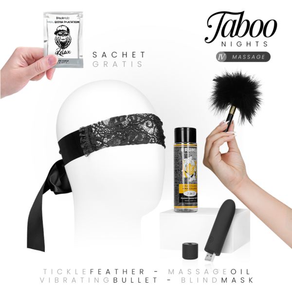 Coffret Taboo Nights 4 Massage avec huile Bruma, mini-vibromasseur Geri, masque, plume et gel anal Black Hole