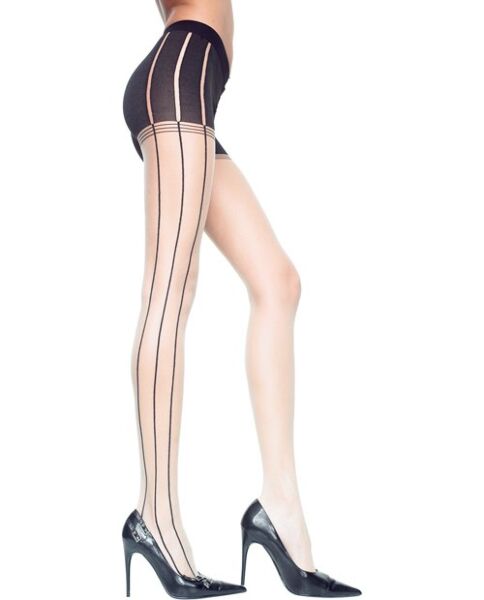 Collants Music Legs Rayures Beige/Noir, collants beiges avec de fines rayures noires sur les côtés
