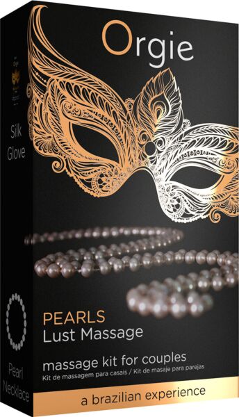 Kit de massage Orgie Pearls Lust Massage avec le flacon de gel Silk Glove, le collier de perles et le guide