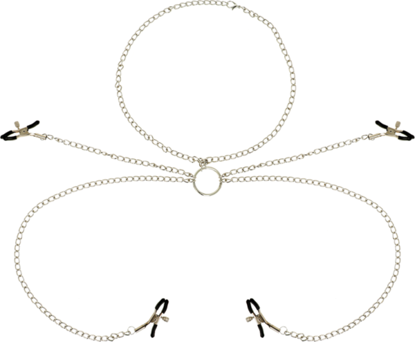 Pinces à tétons Ohmama Fetish avec collier, avec leurs quatre pinces et leurs chaînes réunies par un anneau