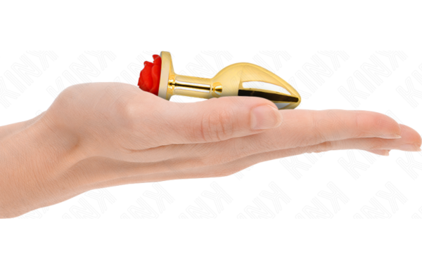 Plug anal Kink Rose rouge S en acier doré, avec un corps conique et une rose rouge à la base