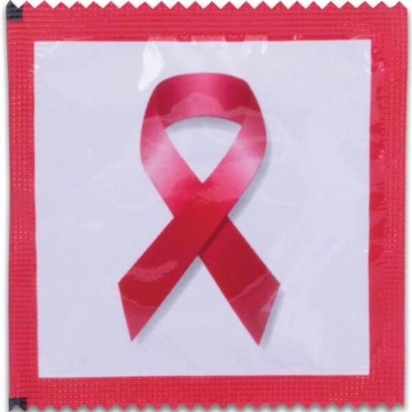 144 préservatifs Pasante Red Ribbon présentés en feuilles décorées de motifs Red Ribbon