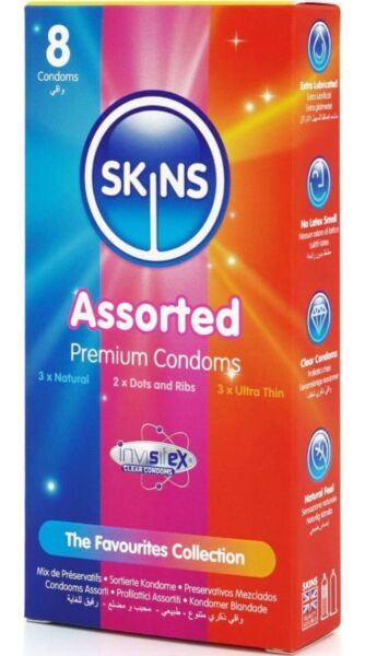 Pack assortiment de préservatifs Skins avec les modèles Natural, Dots & Ribs et Ultra Thin