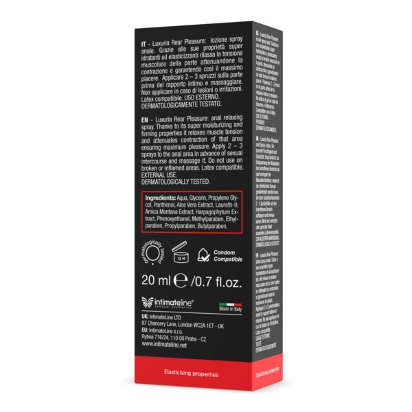 Spray relaxant anal Luxuria Rear Pleasure d'Intimateline, flacon de 20 ml