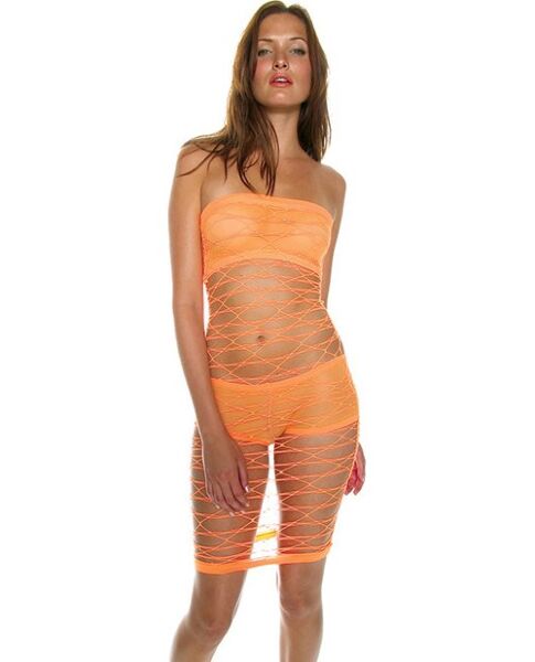 Robe en résille Music Legs orange, mini-robe avec top et hotpants en dessous