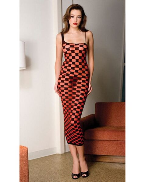 Robe Music Legs à carreaux, longue, rouge avec des carreaux noirs