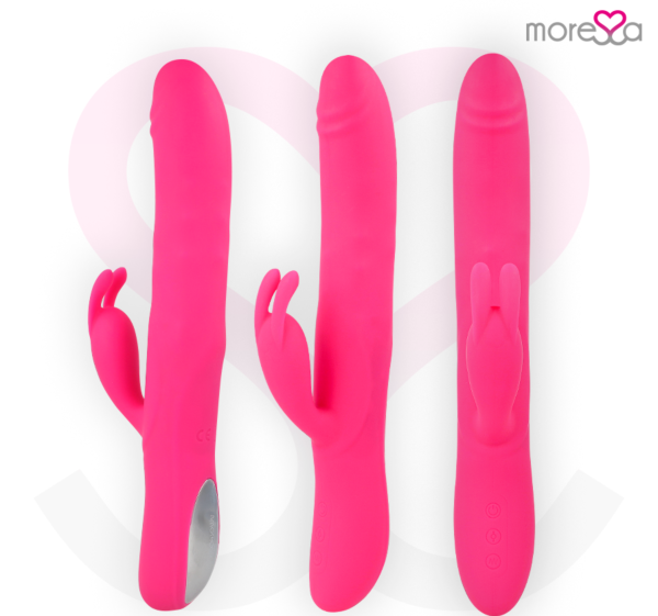 Vibromasseur rabbit Moressa Somer, avec sa tige rotative et son bras pour le clitoris