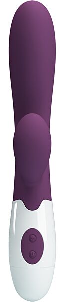 Vibromasseur rabbit Party Up Ben de couleur lilas, avec sa tige courbée et son bras en forme de lapin pour le clitoris