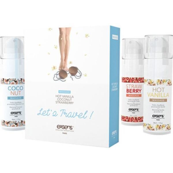 Kit d'huiles de massage Exsens Warming Gourmet Let's Travel avec ses trois flacons fraise, coco et vanille