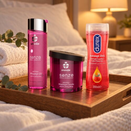 Coffret de massage érotique avec huile, bougie et gel 2 en 1 – mise en scène d'ambiance (image générée par IA)