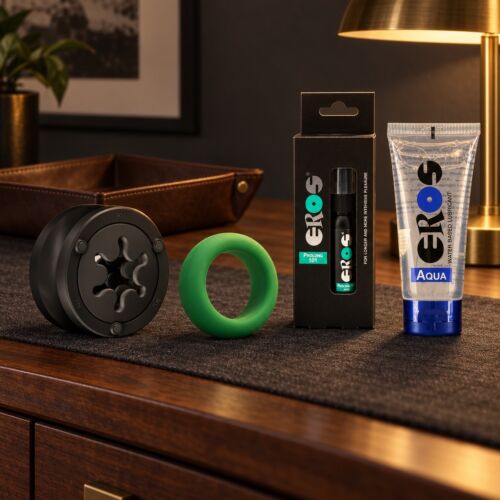 Coffret homme avec masturbateur réutilisable Fun Factory, anneau et spray – mise en scène d'ambiance (image générée par IA)