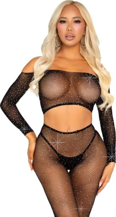 Crop Top y Legging Leg Avenue Rejilla con Brillantes